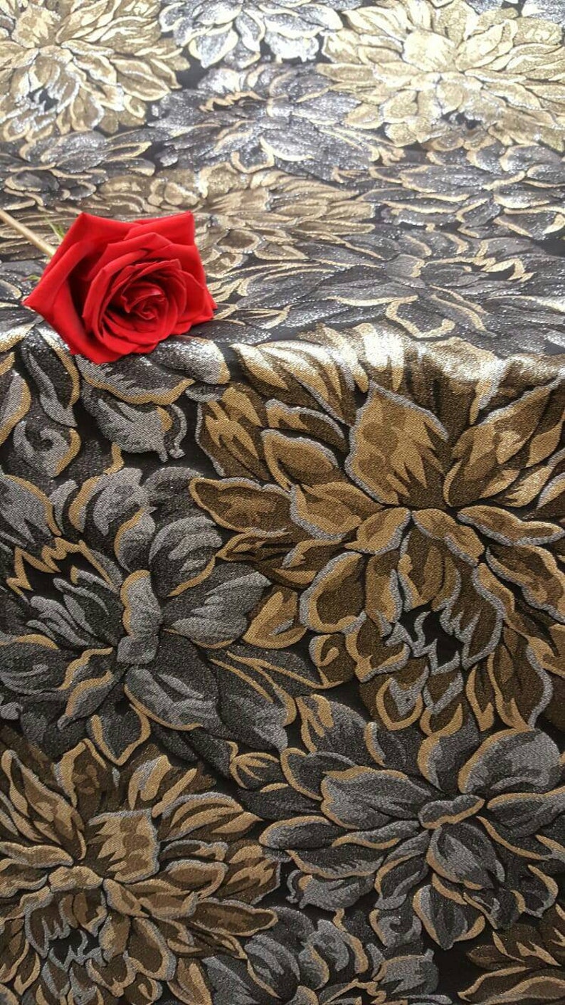 Fabric Sold by the Yard Brocade Gold and Silver Floral Flowers Fashion Jacquard Quincea\u00f1era Dress Bridal Evening Gown Prom