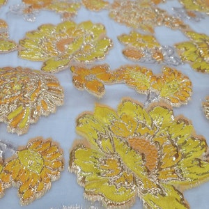 Yellow Orange Floral Metallic Brocade Shimery Textured Fabric by the Yard Gown Prom White Organza Metallic Gold