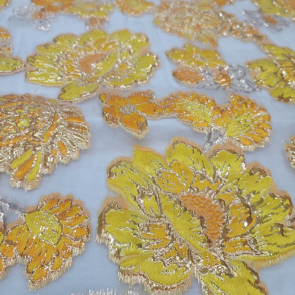 Yellow Orange Floral Metallic Brocade Shimery Textured Fabric by the Yard Gown Prom White Organza Metallic Gold