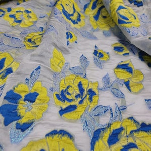 Yellow Royal Blue Floral Metallic Brocade Shimery Textured Fabric by the Yard Gown Prom White Organza
