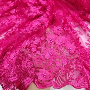 Fabric Sold By The Yard Fuchsia Beaded 3d Lace Embroidery Pearls  Floral Flowers On Mesh Fabric For Dress Quinceañera Prom Bridal Gown