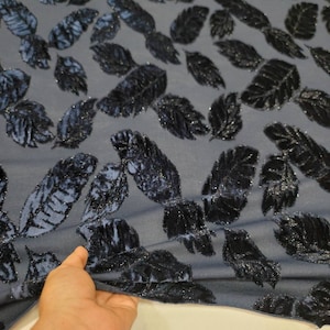 Fabric Sold By The Yard Navy Blue Spandex Velvet Leaves Sparkly Fashion Fabric For Clothing Decoration Background Draping Dress