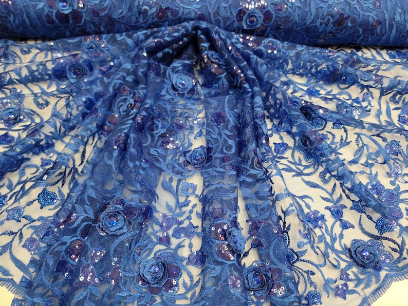 Fabric Sold By The Yard Royal Blue Lace Fabric Embroidery Floral Flower Sequin On Mesh Bridal Evening Dress Fashion Gown Quincea\u00f1era