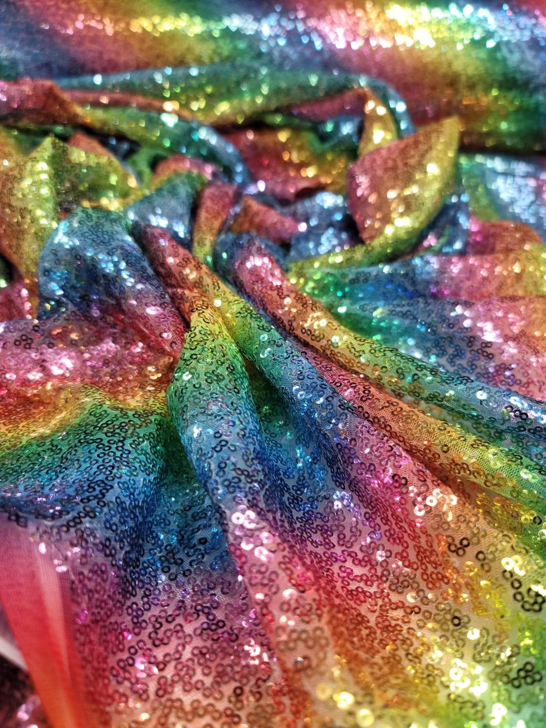 Rainbow Sequin Fabric by the Yard Multicolor Sequin on Mesh Stretch on