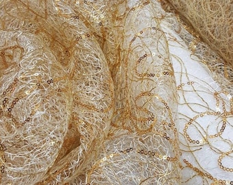 Fabric Sold by the Yard Gold Sequin Embroidery and Cord Mesh Lace Decoration Tablecloth Draping  Quinceañera Bridal Evening Dress