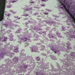 Fabric Sold By The Yard Lavender Lace 3d Floral Flowers Embroidery On Mesh Bridal Evening Dress Quinceañera Gown Prom Fashion Dress