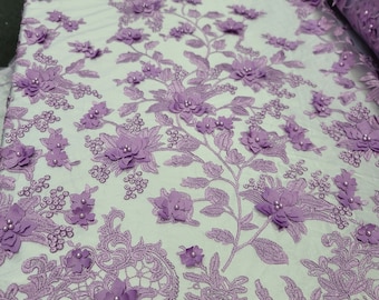 Tessuto venduto tagliato su misura, pizzo lavanda, fiori floreali 3D, ricamo su rete, abito da sera da sposa, abito da quinceañera, abito da ballo, abito alla moda