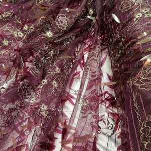 Plum Sequin Lace Gold Floral Flowers Embroidered on Mesh Plum Fabric Sold by the Yard