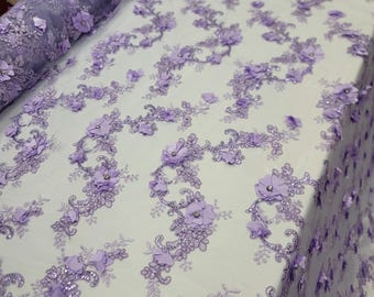 Tela cortada a medida Lavanda Novia Encaje con Cuentas Bordado 3d Flores Florales Rhinestones Malla Vestido de Novia Vestido de Novia Quinceañera Encaje 3d