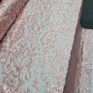 Fabric By The Yard Blush Embroidery Lace Damask Floral Flowers Bridal Evening Dress Pink Mesh Prom Evening Dress Sequins