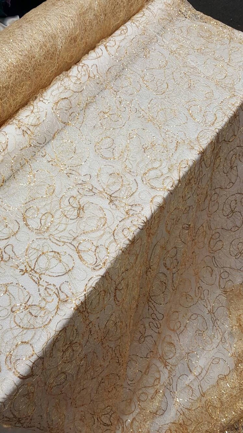 Fabric Sold by the Yard Gold Sequin Embroidery and Cord Mesh | Etsy