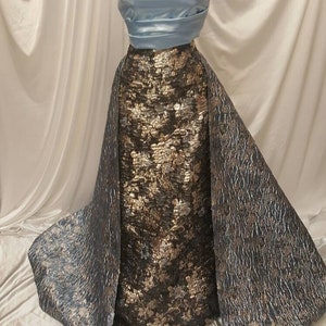 Fabric Sold By The Yard Powder Blue Black Brocade Gold Metallic Floral Flowers on French Lame Fashion Prom Gown Bridal Evening Dress New