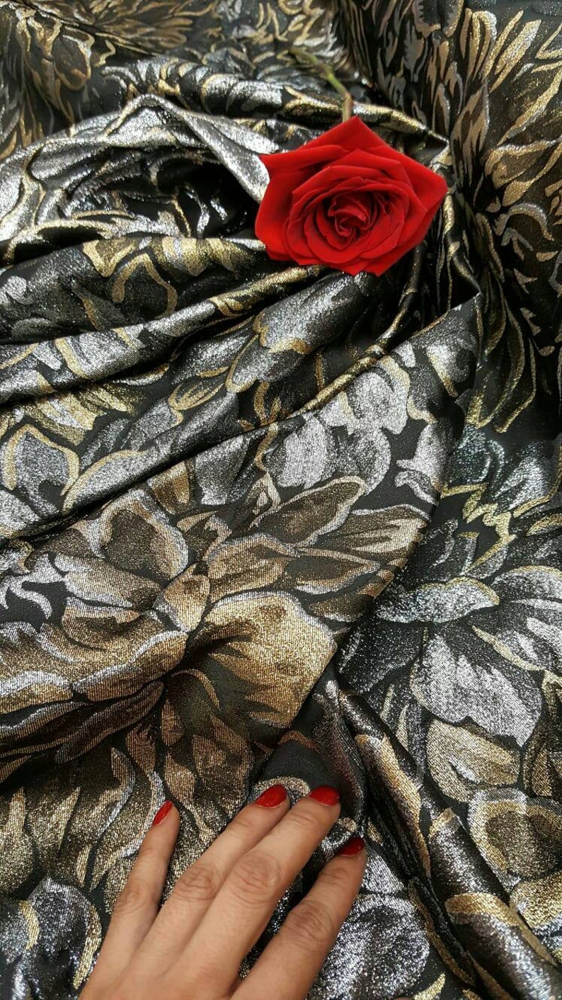 Fabric Sold by the Yard Brocade Gold and Silver Floral Flowers Fashion Jacquard Quincea\u00f1era Dress Bridal Evening Gown Prom