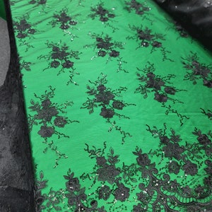 Fabric By The Yard Black Lace Floral Flowers Sequins Embroidery on Mesh Prom Gown Bridal Evening Dress Fashion Lace Quinceañera Girls