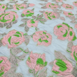 Fabric By The Yard Blush Brocade Lime Green Floral Flowers On French Clear Organza Bridal Evening Dress Quinceañera Gown Prom Fashion
