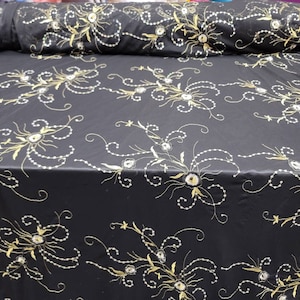 Fabric Sold By The Yard Black Lace Floral Flowers Embroidery Gold Sequin On Black Stretch Mesh Fashion Bridal Evening Gown Prom Dress