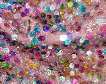 Fabric Sold By The Yard Coral Stretch Polyester Spandex Multicolor Sequin Fashion Dress Draping Clothing Decoration Custom Sparkle Polka dot