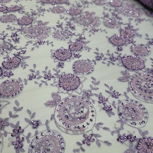 Fabric Sold By The Yard Lavender Beaded Lace Embroidery Floral Flowers Sequin On Mesh Prom Evening Dress Bridal Quinceañera Gown Sweet Sixte