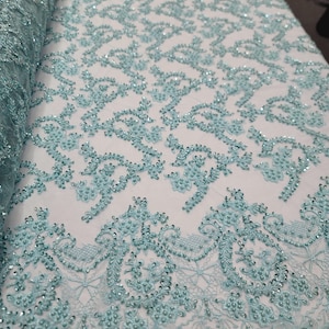 Fabric Sold By The Yard Mint Lace 3d Floral Flowers Embroidery On Mesh Prom Fabric Bridal Evening  Quinceañera Lace Double Scalloped