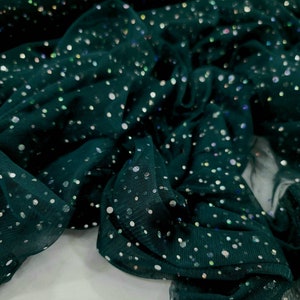 Fabric Sold by the Yard Emerald Green Lace Glued Iridescent Sequin ...