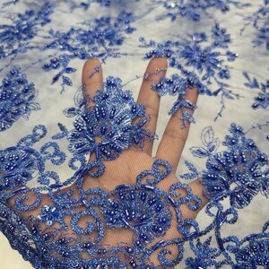 Royal Blue Hand Perlen Spitze Stoff Verkauft Schüttgut Blumen Gestickte Doppelte überbackene Abendkleid Quinceamaßa Braut Abendkleid