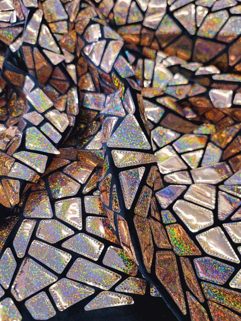 Rose Gold Iridescent Geometric Sequin Fabric On Black Velvet Stretch (By The Yard) image 3
