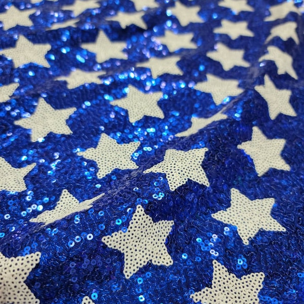 Fabric Sold By The Yard Royal Blue Sequin White Stars Embroidery On Four Way Stretch Mesh Fashion New Fabric Dress Draping Clothing Backdrop