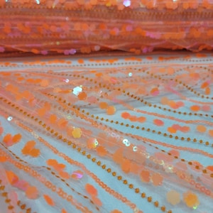 Fabric Sold By The Yard Orange Lace Sequin Iridescent Embroidery Floral Flowers Sequin On Mesh Prom Evening Dress Bridal Quinceañera Gown