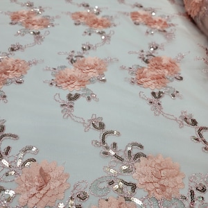 Fabric Sold By The Yard 3d Floral Flowers Blush Sequins Embroidery On Mesh Prom Bridal Fashion Quinceañera Gown