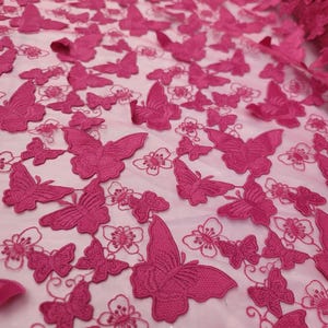 Fabric Sold By The Yard Fuchsia Lace 3d Butterflies Embroidery On Mesh Fashion Fabric Prom Bridal Evening Dress Quinceañera Gown