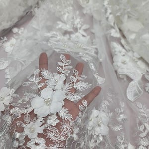 Fabric Sold by the Yard White 3d Lace Embroidery 3d Floral Flowers Pearls Baptism Bridal Evening Dress Fashion Wedding Gown