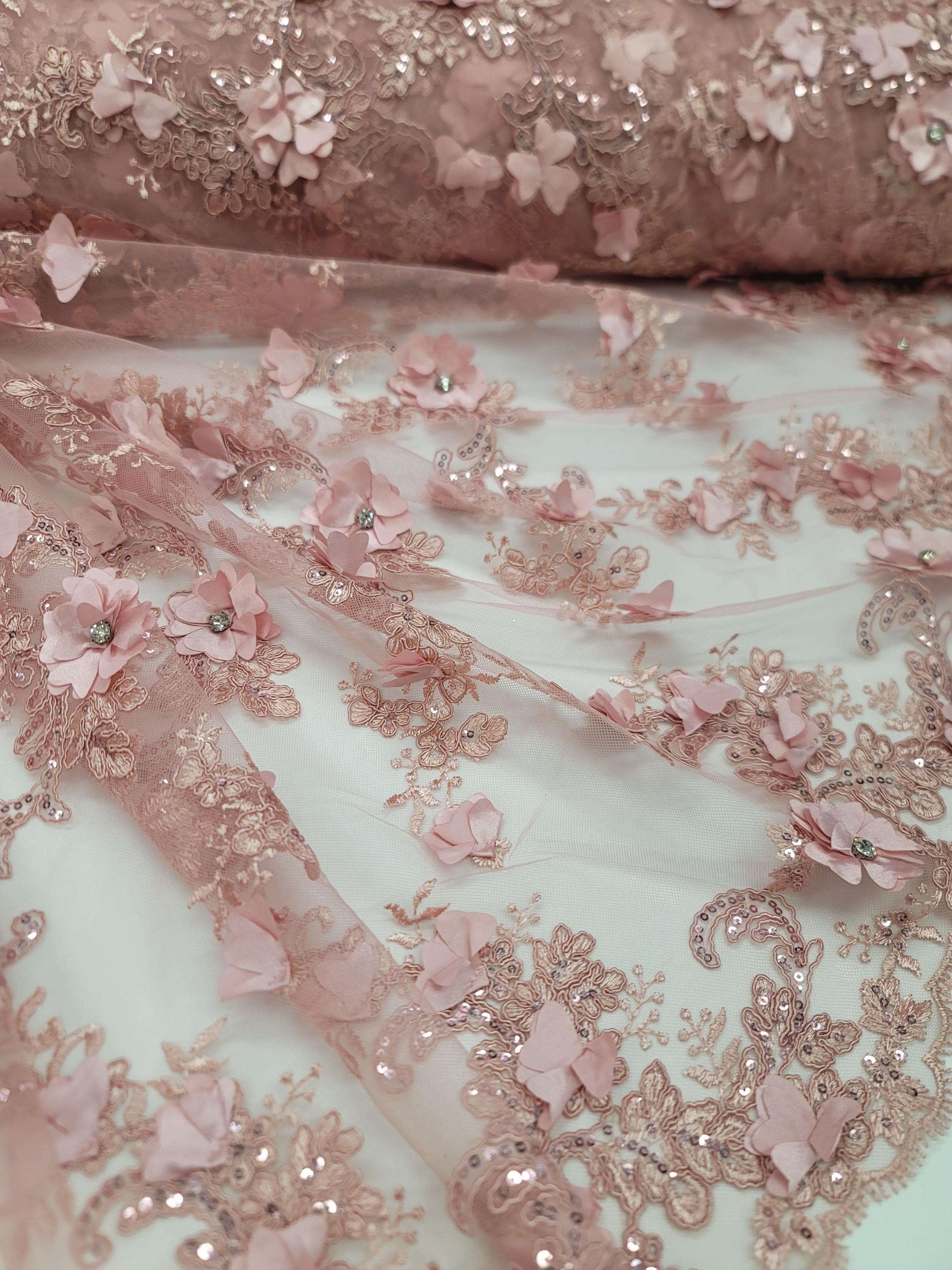 Dusty Rose Rhinestone Fabric Sold by the Yard Dusty Rose Beaded Lace 3d Floral Flowers ...