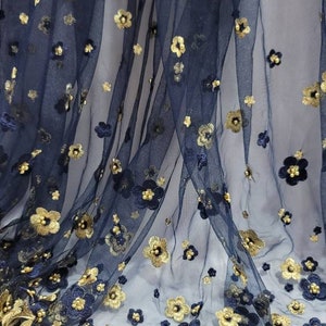 Fabric Sold By The Yard Navy Blue Lace Embroidery Pearls Gold Floral For Dress Clothing Prom Quinceañera Gown