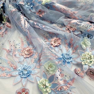 Sky Blue Beaded Lace Embroidered Sage Pink Flowers Floral Rhinestones Prom Fabric Sold by the Yard Gown Quinceañera Bridal Evening Dress
