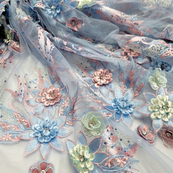 Sky Blue Beaded Lace Embroidered Sage Pink Flowers Floral Rhinestones Prom Fabric Sold by the Yard Gown Quinceañera Bridal Evening Dress