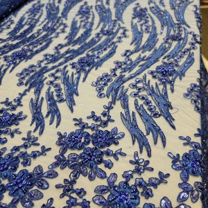 Fabric Sold By The Yard Royal Blue Beaded Lace Floral Flowers Embroidery Sequin On Mesh Bridal Evening Dress Fashion Gown Quinceañera Prom