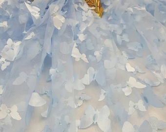 Fabric Sold by the Yard Baby Blue Lace Embroidery 3D Satin Butterflies On Mesh Prom Evening Dress Bridal Sweet 16 Gown Fashion Lace Dancer