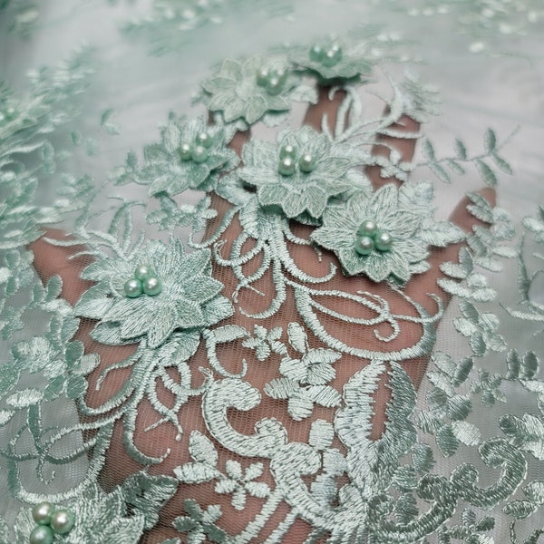 Green Sage Lace 3d Floral Flowers Embroidered Pearls on Mesh Fabric Sold by the Yard Dress Prom Quinceañera Gown Prom