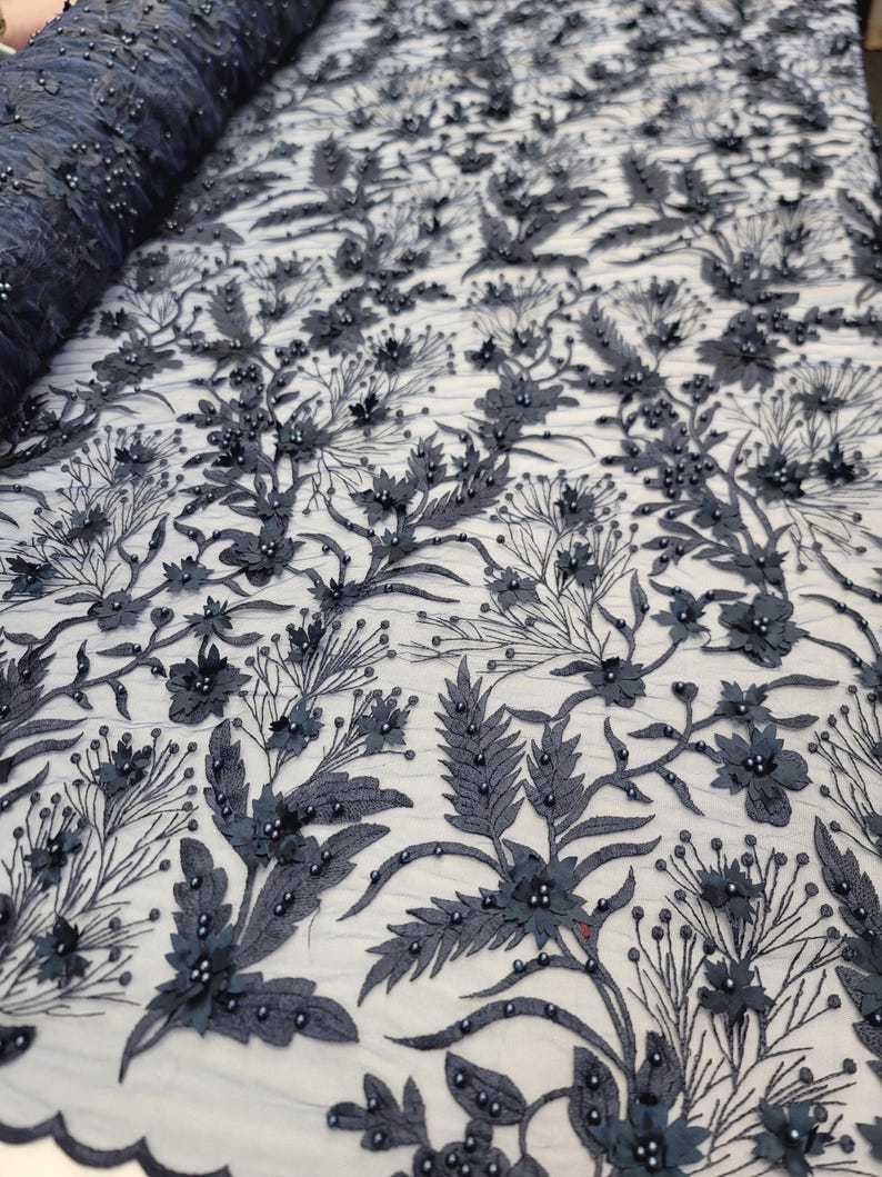 Navy Blue 3D Floral Lace Fabric With Pearls - Bridal & Evening Gown - Etsy