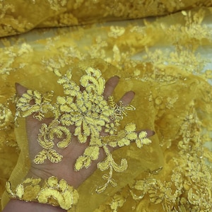 Fabric By The Yard Yellow Lace Embroidery Floral Flowers Silver Cord Double Scallops Prom Evening Bridal Dress Quinceañera Gown Fashion Lace