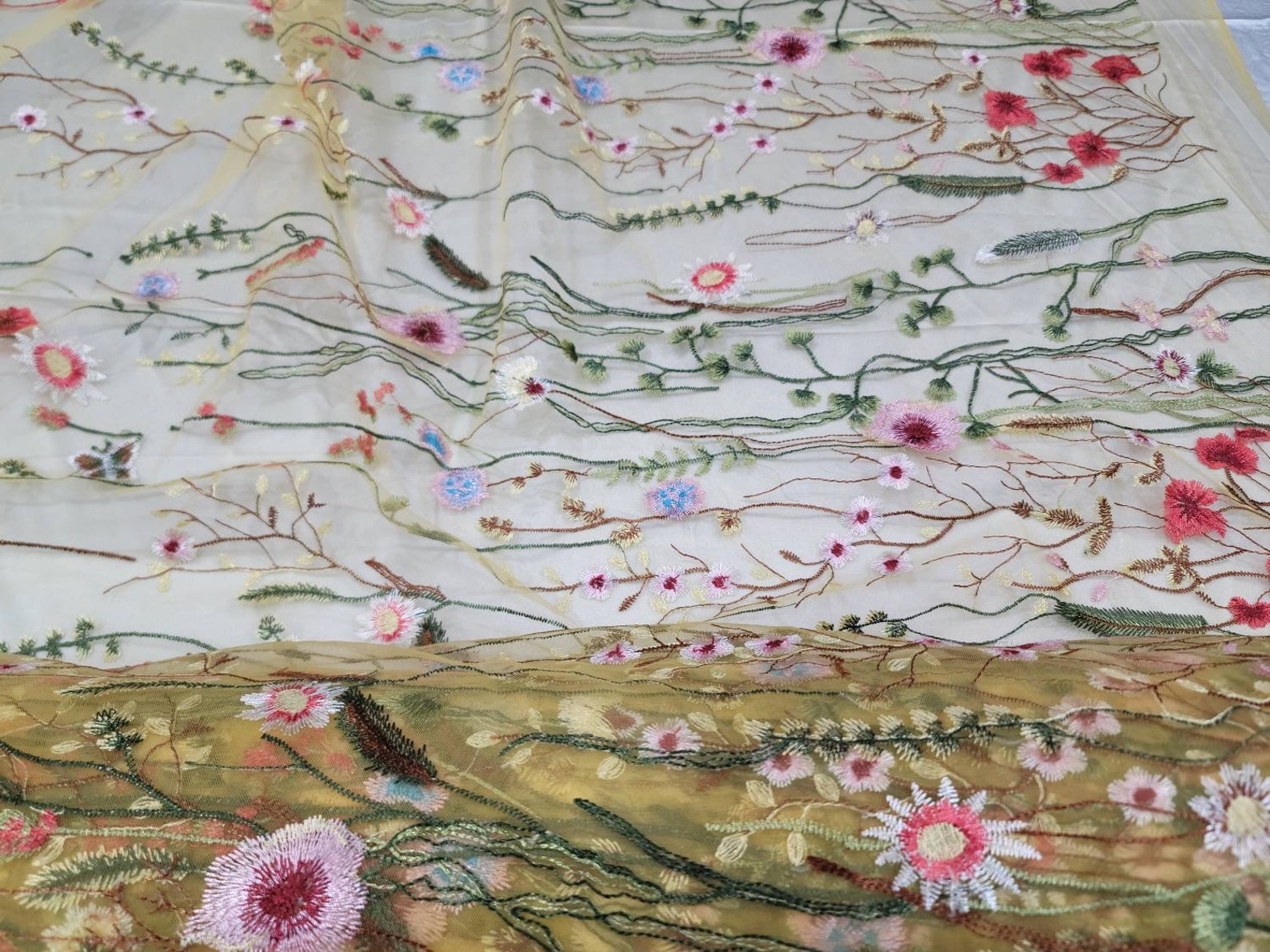 Fabric Sold by the Yard Yellow Lace Multicolor Floral Flowers Etsy