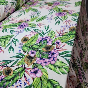Fabric Sold By The Yard Rayon Challis  Hawaiian Green Pink Floral Flowers Leaves Tropical Textured Light Weight Summer Dress Clothing