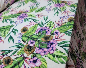 Fabric Sold By The Yard Rayon Challis  Hawaiian Green Pink Floral Flowers Leaves Tropical Textured Light Weight Summer Dress Clothing