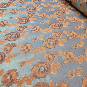 Orange Floral Gold Metallic Brocade Shimery Textured Fabric by the Yard Gown Prom Metallic Gold For Dress Upholstery