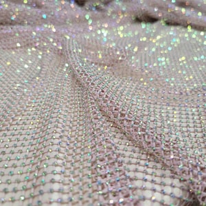 Pink Beaded Lace Fabric: Iridescent Rhinestone Fishnet - Prom, Quinceañera