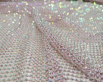 Fabric By The Yard Pink Beaded Lace Fish Net Stretch Prom Quinceañera Dress Embroidered Fashion New Lace AB Rhinestones Iridescent Sparkly