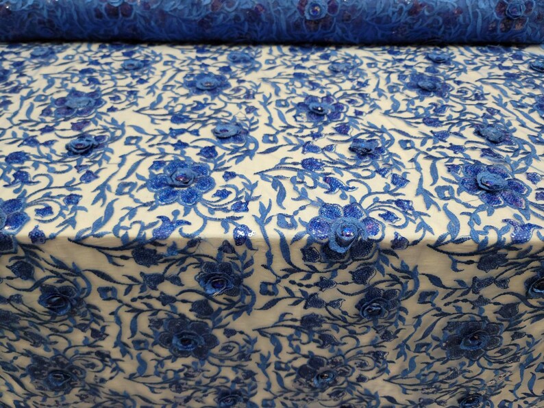 Fabric Sold By The Yard Royal Blue Lace Fabric Embroidery Floral Flower Sequin On Mesh Bridal Evening Dress Fashion Gown Quincea\u00f1era
