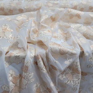 Fabric Sold By The Yard Brocade Gold Floral Flowers Metallic Pattern On White French Organza Fabric For Quinceañera Gown Prom Fabric Backdro