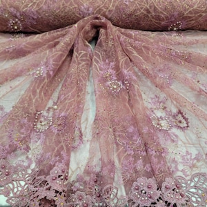 Fabric Sold By The Yard Mauve Beaded Bridal Lace Embroidery Floral Flowers On Mesh Flowers Wedding Dress Baptism First Communion