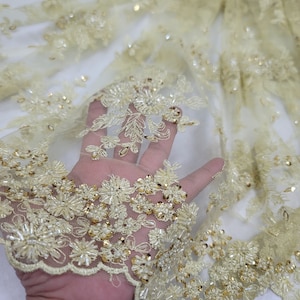 Fabric Sold By The Yard Pale Yellow Beaded Lace Floral Embroidery Bridal Evening Dress Quinceañera Gown Prom Telas Para Costura Scalloped